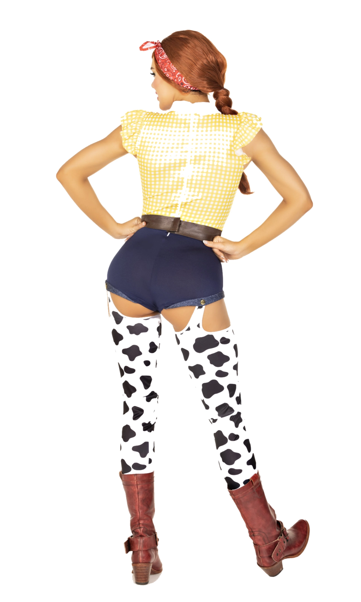 A woman modeling a Jessie-style cowgirl costume from the back, featuring a yellow gingham top, navy shorts, cow-print thigh-high stockings, and brown boots.