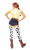 A woman modeling a Jessie-style cowgirl costume from the back, featuring a yellow gingham top, navy shorts, cow-print thigh-high stockings, and brown boots.
