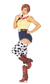 A woman modeling a Woody-style costume. The outfit includes a yellow gingham top, dark blue shorts, cow-print tights, a red bandana, and brown cowboy boots.