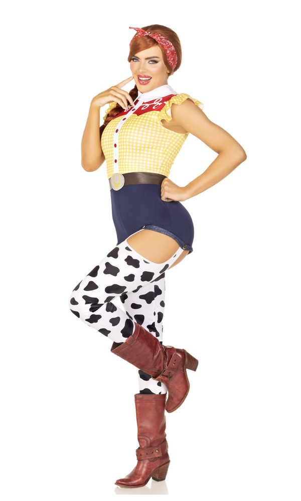 A woman modeling a Woody-style costume. The outfit includes a yellow gingham top, dark blue shorts, cow-print tights, a red bandana, and brown cowboy boots.
