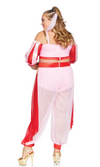 A woman modeling a pink and red two-piece costume from the back, featuring a sheer pink crop top with red trim, matching sheer harem-style pants, and a pink headband.