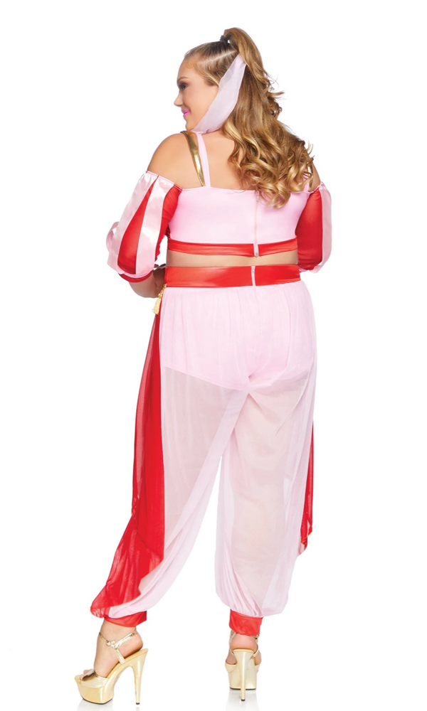 A woman modeling a pink and red two-piece costume from the back, featuring a sheer pink crop top with red trim, matching sheer harem-style pants, and a pink headband.