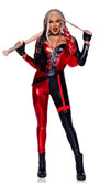 Woman wearing a red and black Harley Quinn style costume with a bat