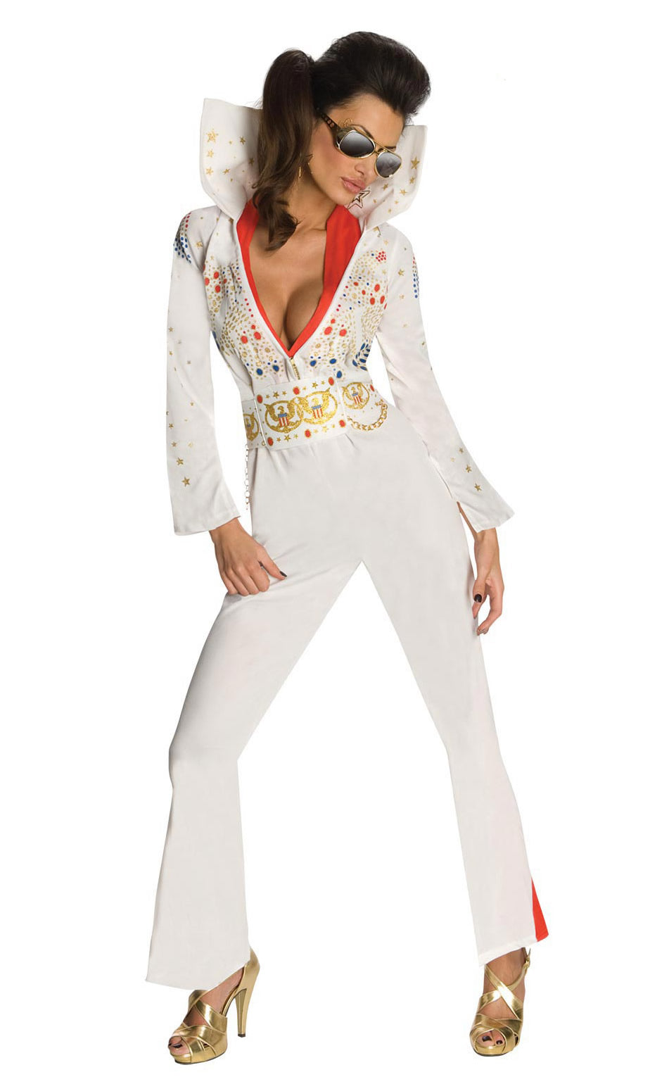 A woman wearing a white Elvis costume with red accents and gold accessories