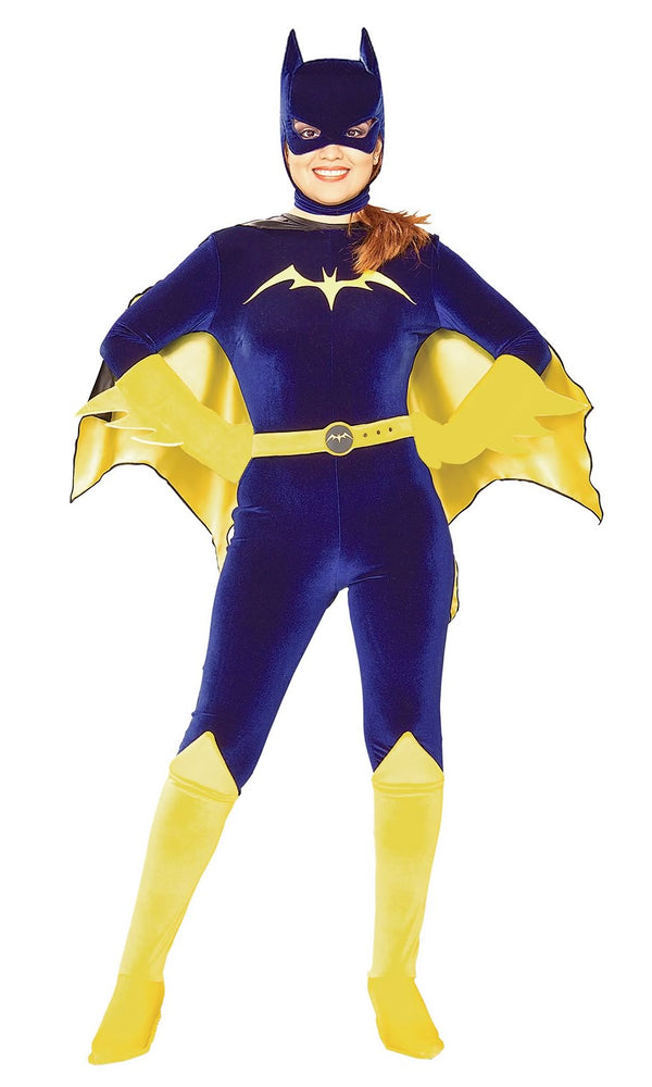 A costume jumpsuit featuring a blue and yellow color scheme, with attached cape and boot covers, designed to resemble the character Batgirl.