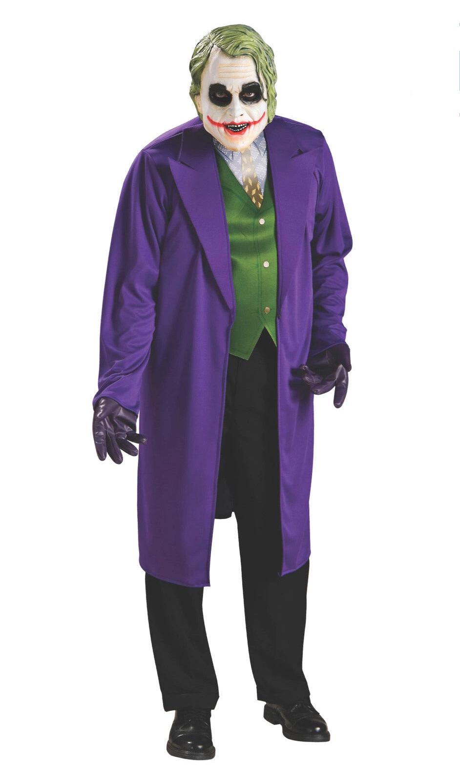 A full-body licensed Joker costume, featuring a purple duster coat, green vest, black pants, black gloves, green hair, and a white face with red makeup.