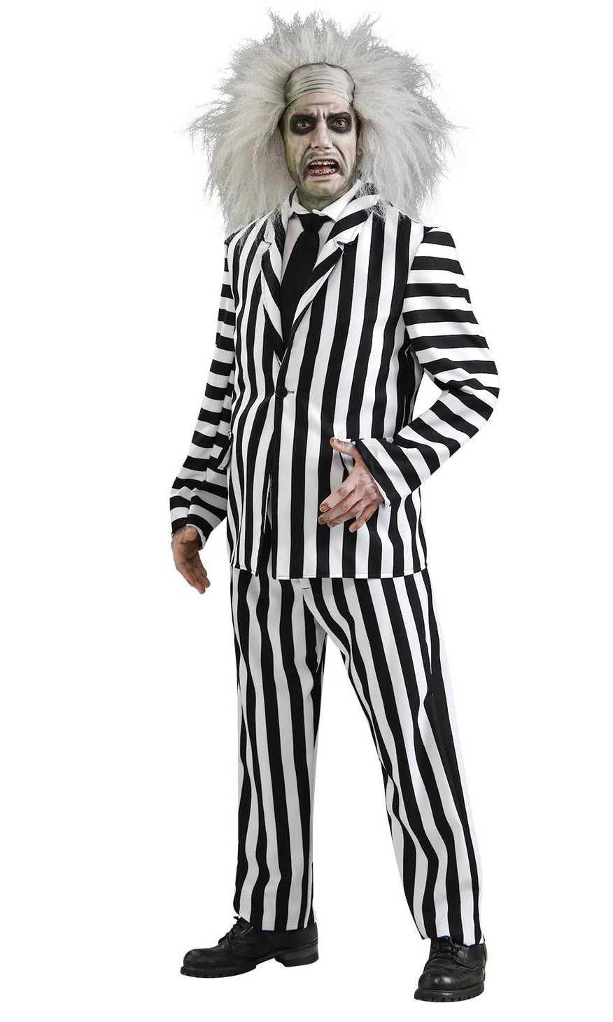 A person wearing a Beetlejuice costume with a black and white striped jacket, trousers, and a shirtfront. The costume is shown with a wig and makeup effects simulating the character's appearance.
