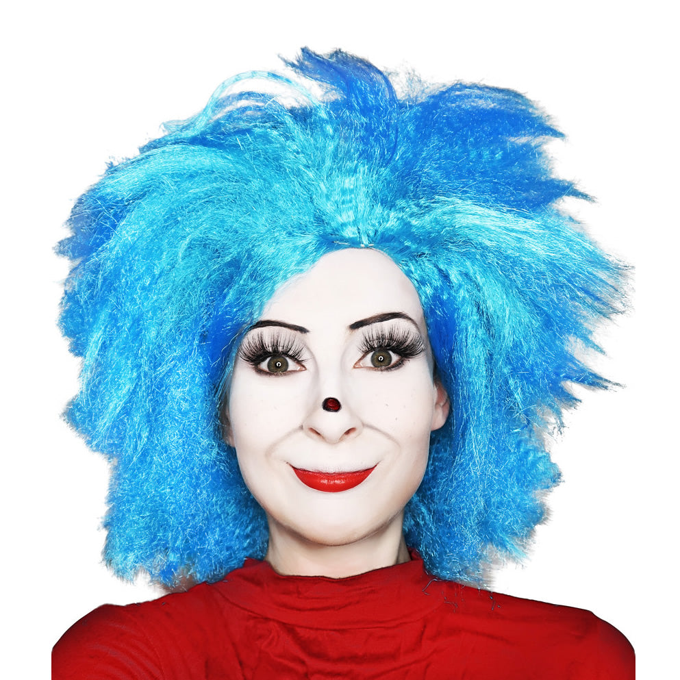 Person wearing a blue Thing wig and red top
