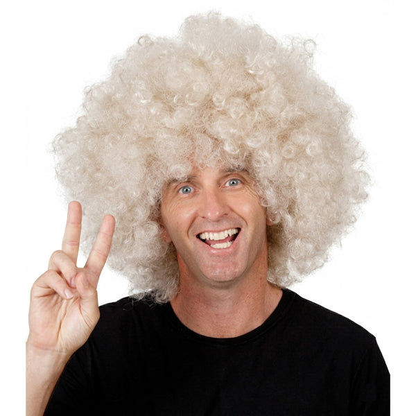 Man wearing a large blonde afro wig