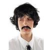 Person wearing a black wig and mustache
