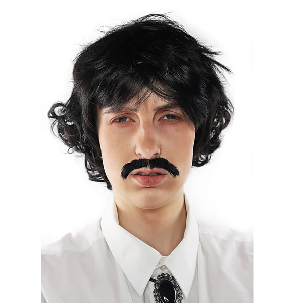 Person wearing a black wig and mustache