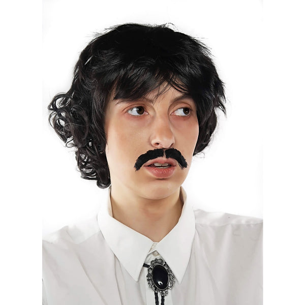 Person wearing a black curly wig and mustache