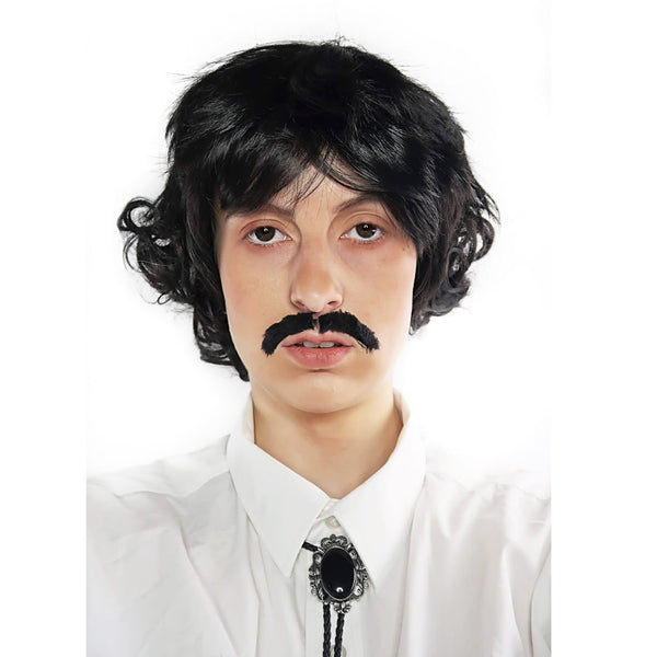 Person wearing a black wig and mustache with a white shirt