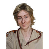 Person wearing a Steve Irwin style wig and a beige safari uniform with a snake