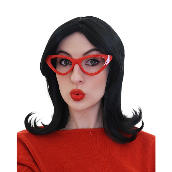 Linda Burger style black wig with red glasses