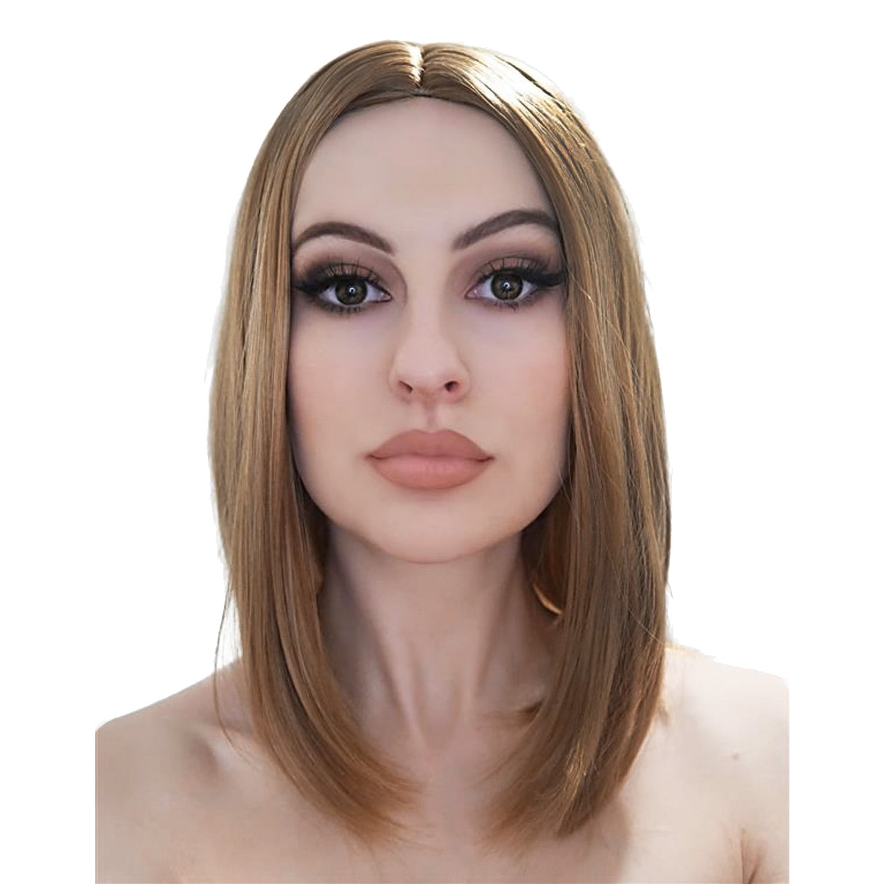 A woman wearing a light brown straight wig