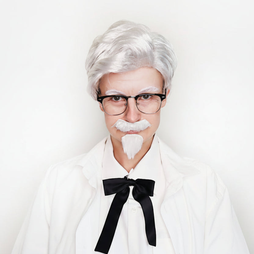 Person wearing a white wig, eyeglasses, a white shirt with a black bow tie, and a white beard in the style of Colonel Sanders KFC