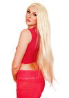 Side of long straight blonde Barbie style wig