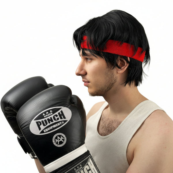 Side view of a person wearing a black Ryu or Rocky style wig with a red headband