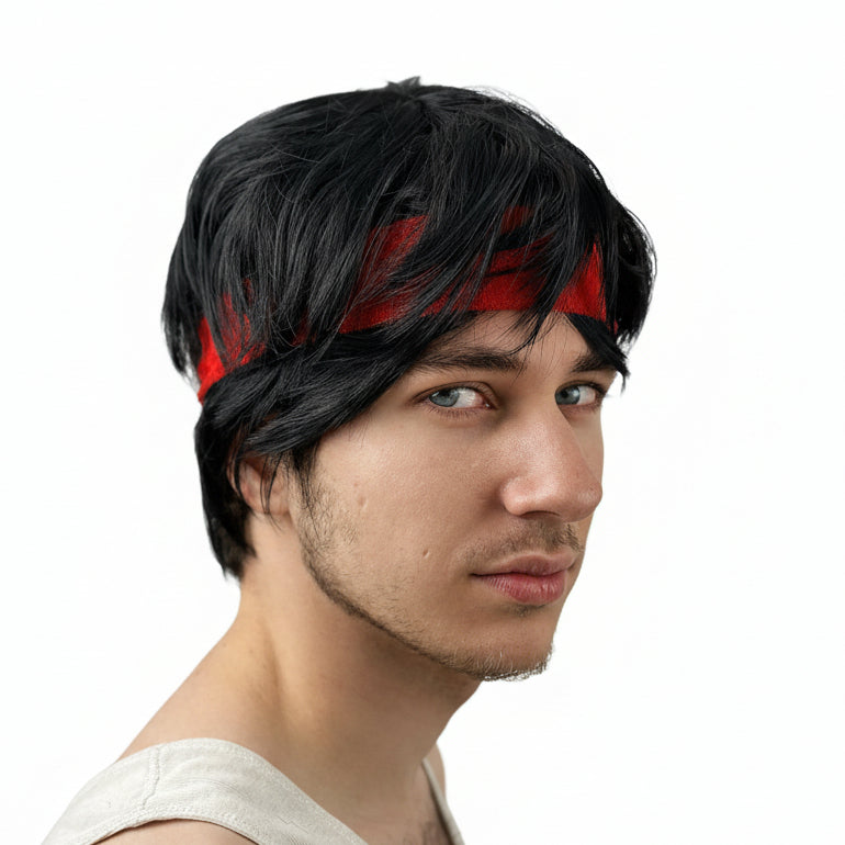 Person wearing a black Ryu or Rocky style wig with a red headband