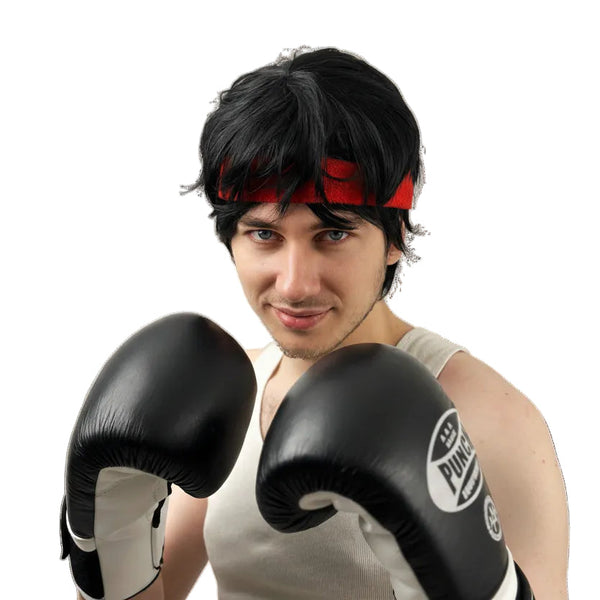 Person wearing a black Ryu or Rocky style wig with a red headband