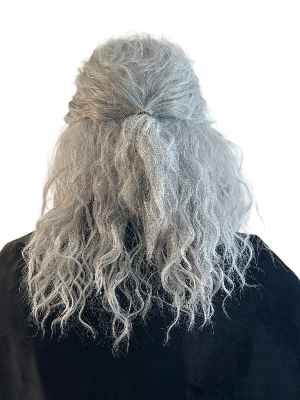 Back of a man with a long gray wig as the Witcher