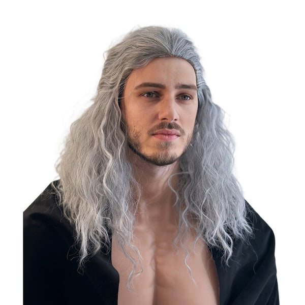 Man with long gray wig as the Witcher