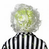 Person wearing a black and white striped shirt with a green and white wig in the style of Beetlejuice
