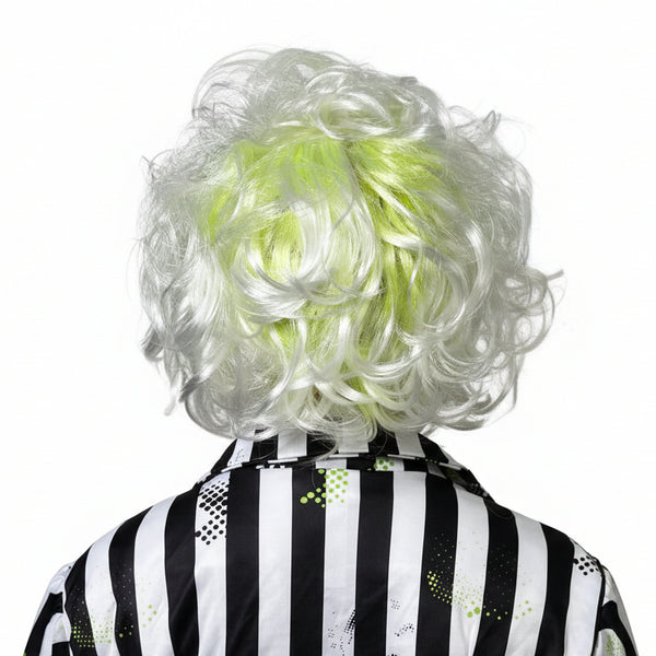 Person wearing a black and white striped shirt with a green and white wig in the style of Beetlejuice