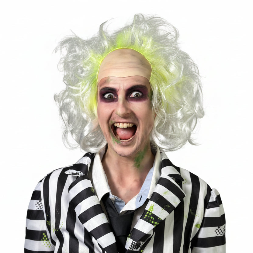 Person with a colorful wig and striped outfit in the style of Beetlejuice