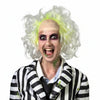 Person with a colorful wig and striped outfit in the style of Beetlejuice