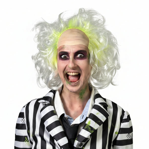 Person with a colorful wig and striped outfit in the style of Beetlejuice