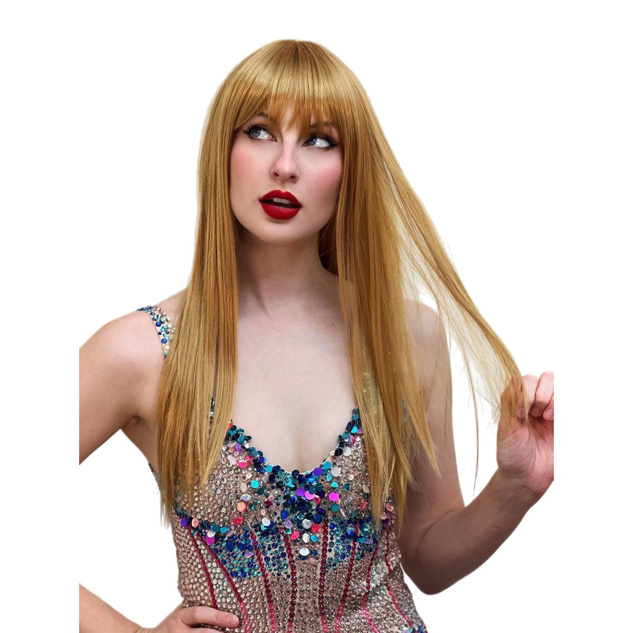 Woman with long copper blonde wig and red lipstick wearing a sequined dress