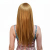 Back of a woman with a long copper blonde wig and red lipstick wearing a sequined dress