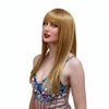 Woman with long copper blonde wig and red lipstick wearing a sequined dress