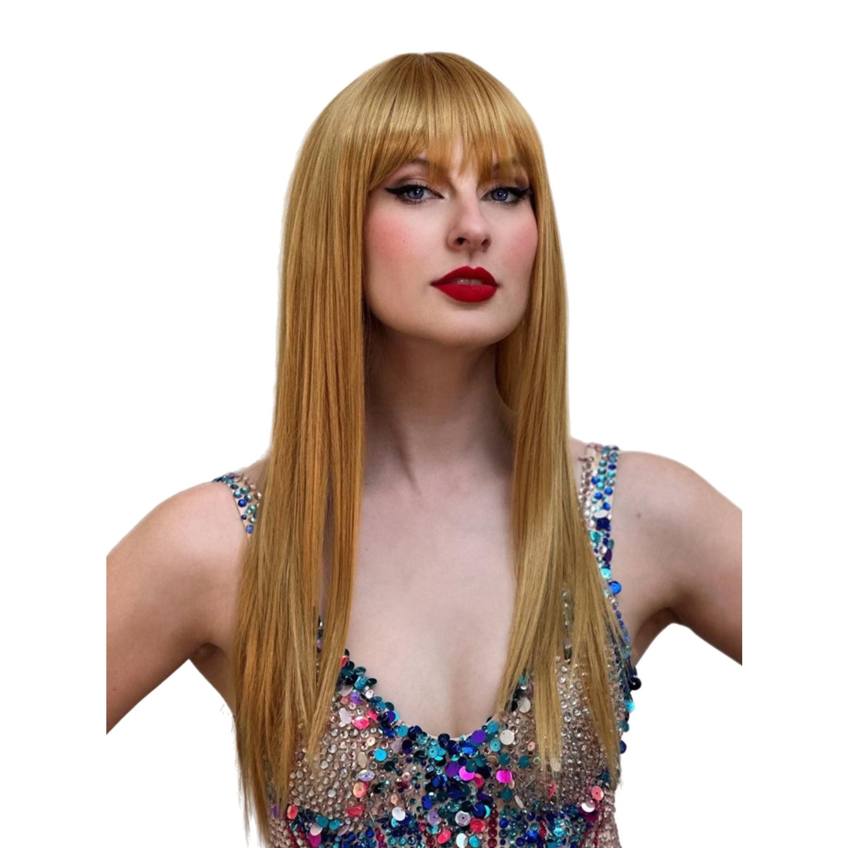 Woman with long copper blonde wig and red lipstick wearing a sequined dress