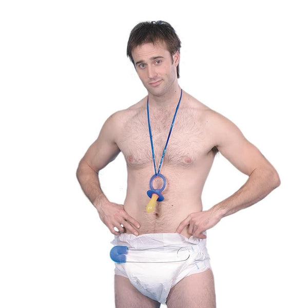 Man wearing a white diaper with a blue pin attached and blue pacifier on a white background
