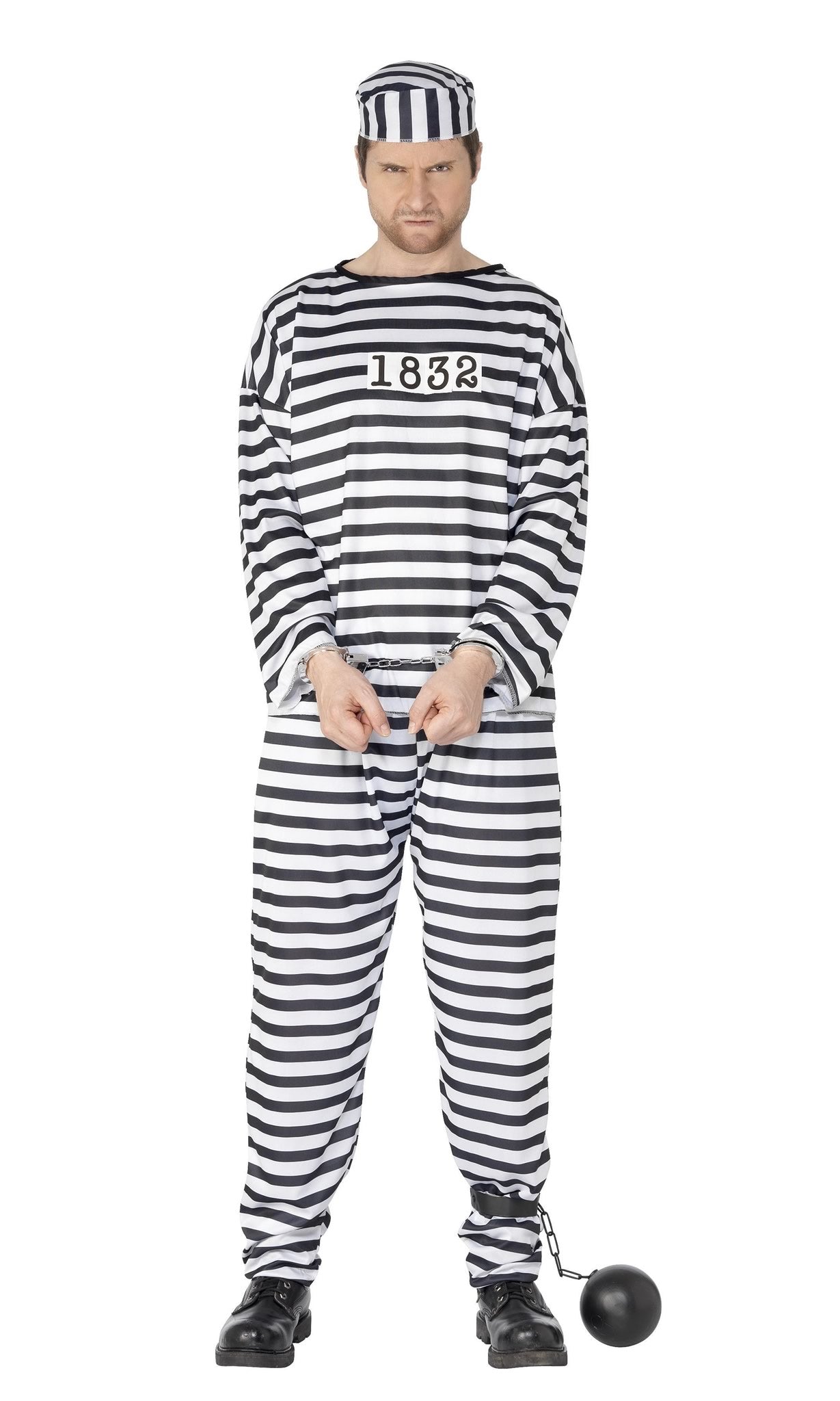Black and white striped convict style prisoner costume with matching hat and number tag on chest