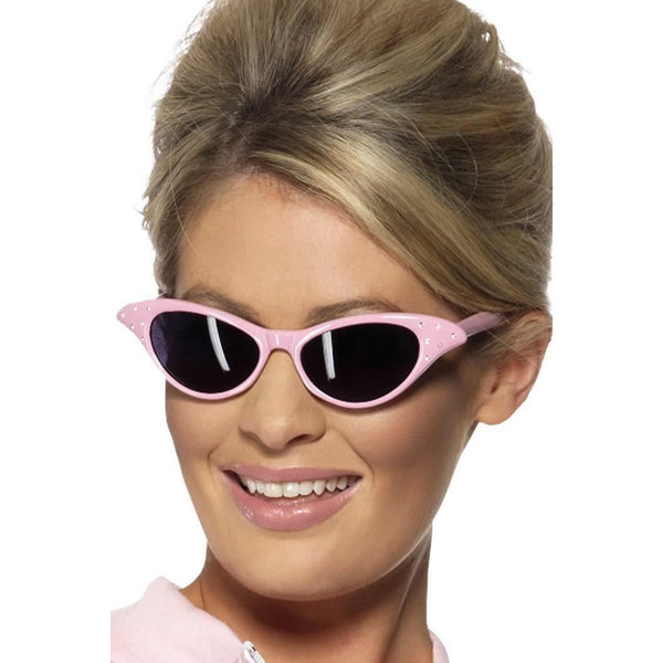 50s style sunglasses with pink rims and black lenses