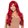 A woman modeling a bright red, long, wavy wig.
