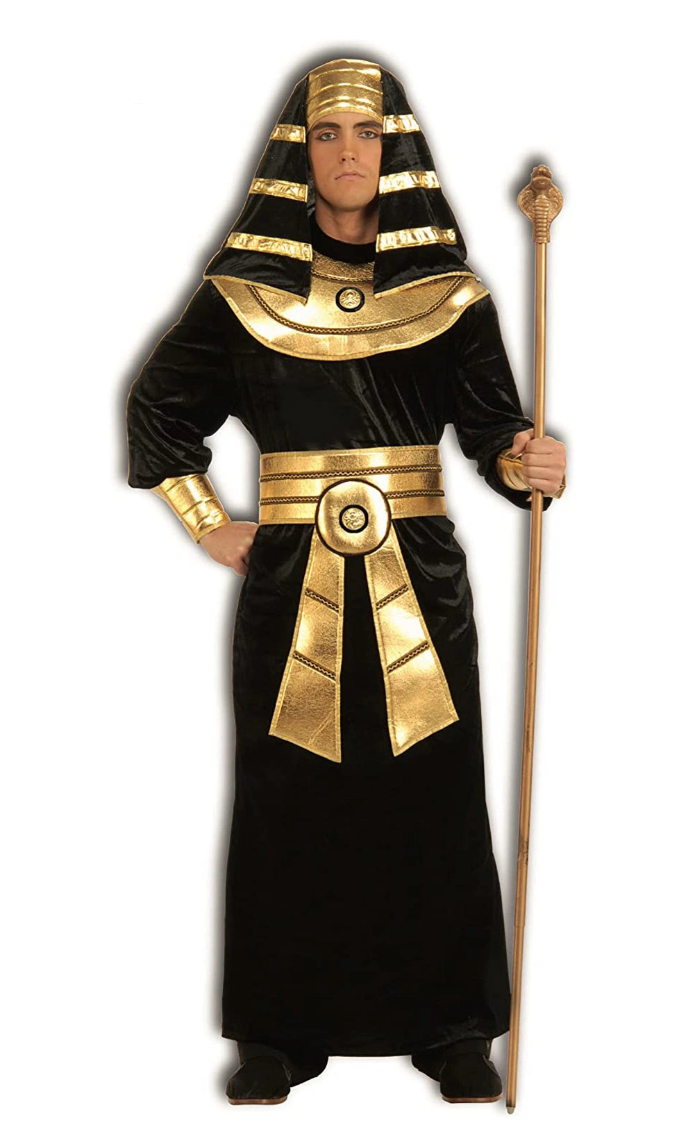Black and gold pharaoh costume with attached arm cuffs, headpiece and belt with drape