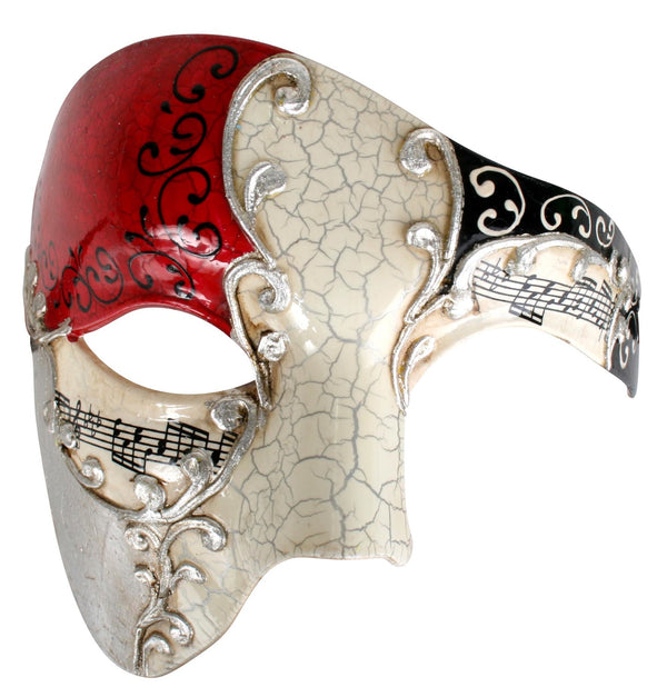 Red and silver half masquerade mask with music notes and cracked look