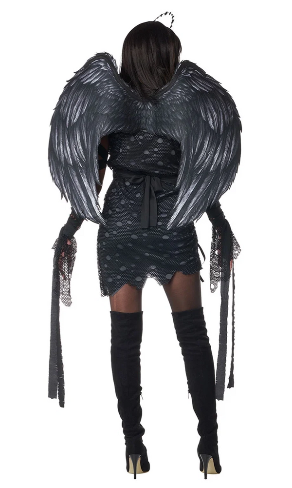 A woman shown from the back wearing a black angel costume with large feathered wings, a short patterned dress, long gloves, and thigh-high black boots.