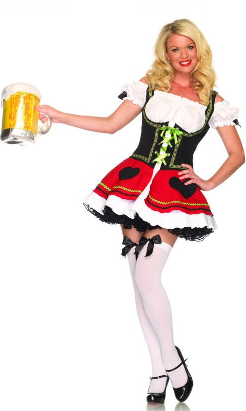A woman modeling a Bavarian-style costume with a white and red dress, black accents, and a heart-shaped emblem on the chest.