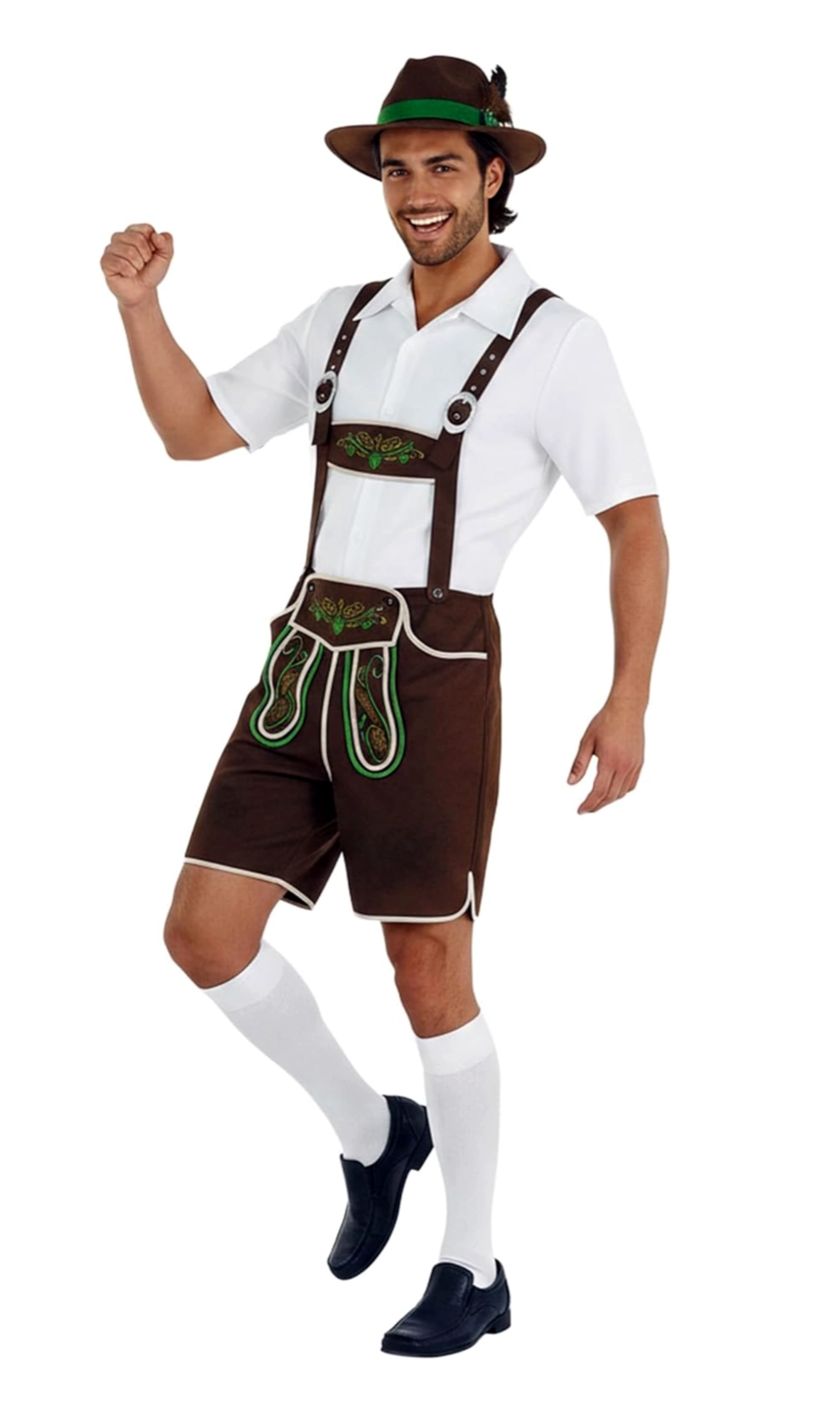 A man modeling a traditional German beer jacket costume, featuring a white short-sleeve shirt, brown Lederhosen with green embroidery, a brown hat with a green band, white knee-high socks.