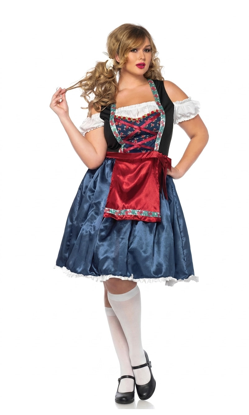 Woman wearing a traditional blue and red Bavarian costume