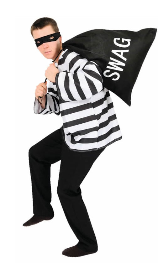 Black and white striped burglar costume with eye mask and swag bag