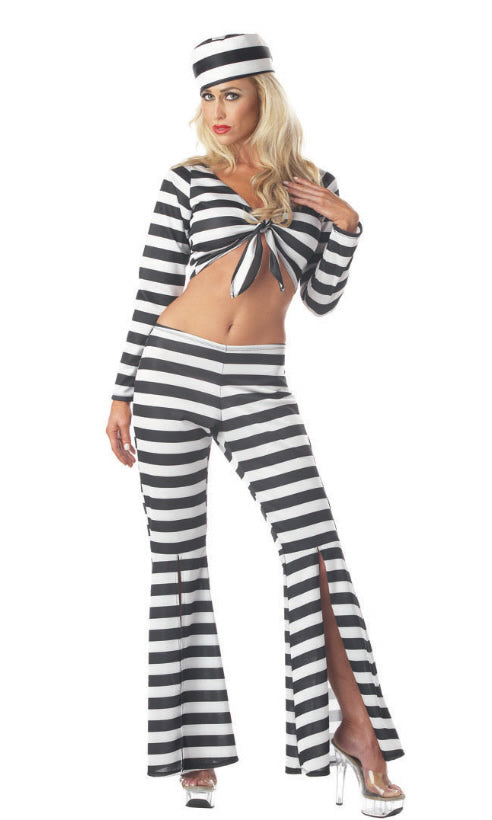 Woman's striped convict costume with hat, short top and long pants