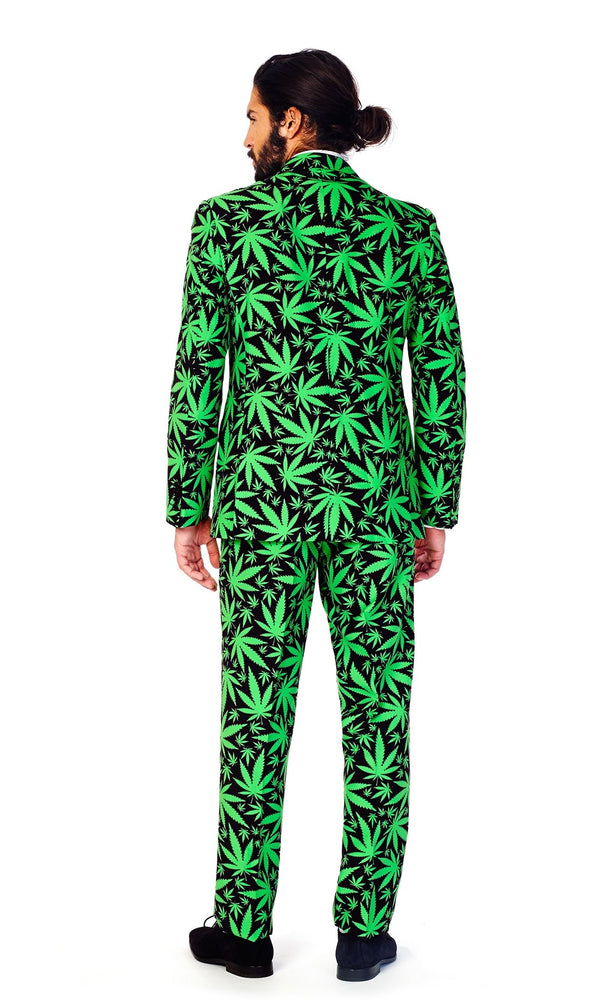 Back of  cannabis suit jacket, pants and tie