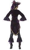 Back of purple and black women's pirate jacket with 3/4 leggings and hat